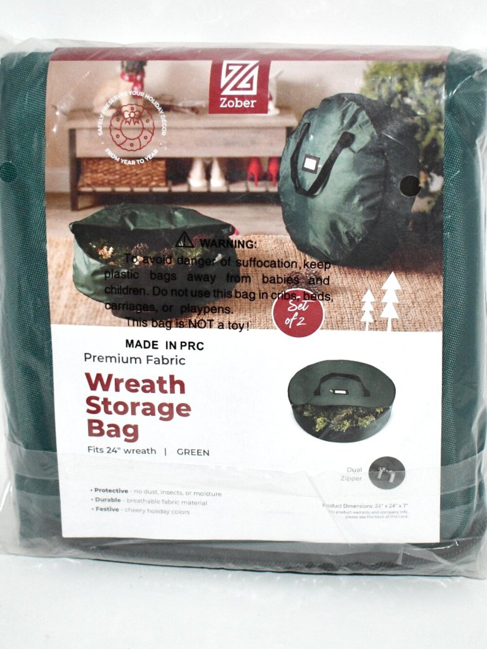 ZOBER Christmas Wreath Storage Bags 2 Pack 24 Inch Green Oxford Fabric New